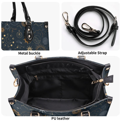 Sun Moon Stars Shoulder Purse, Celestial Space Galaxy Crossbody Vegan Leather Top Handle Handbag Print Small Large Bag Women Ladies Designer