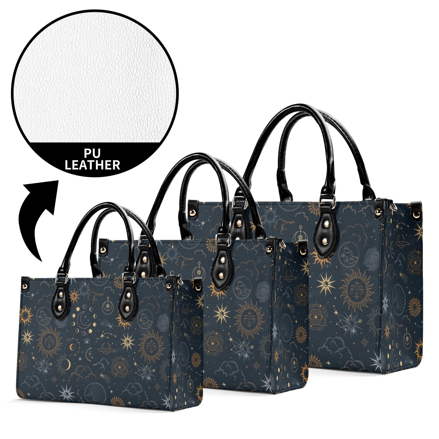 Sun Moon Stars Shoulder Purse, Celestial Space Galaxy Crossbody Vegan Leather Top Handle Handbag Print Small Large Bag Women Ladies Designer