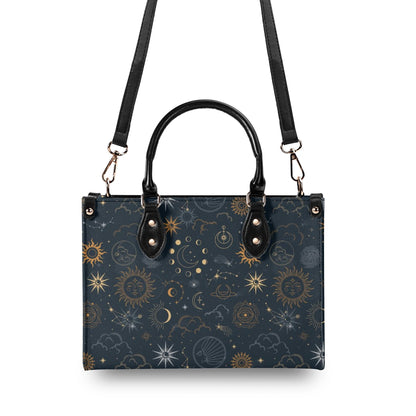 Sun Moon Stars Shoulder Purse, Celestial Space Galaxy Crossbody Vegan Leather Top Handle Handbag Print Small Large Bag Women Ladies Designer