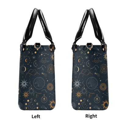 Sun Moon Stars Shoulder Purse, Celestial Space Galaxy Crossbody Vegan Leather Top Handle Handbag Print Small Large Bag Women Ladies Designer