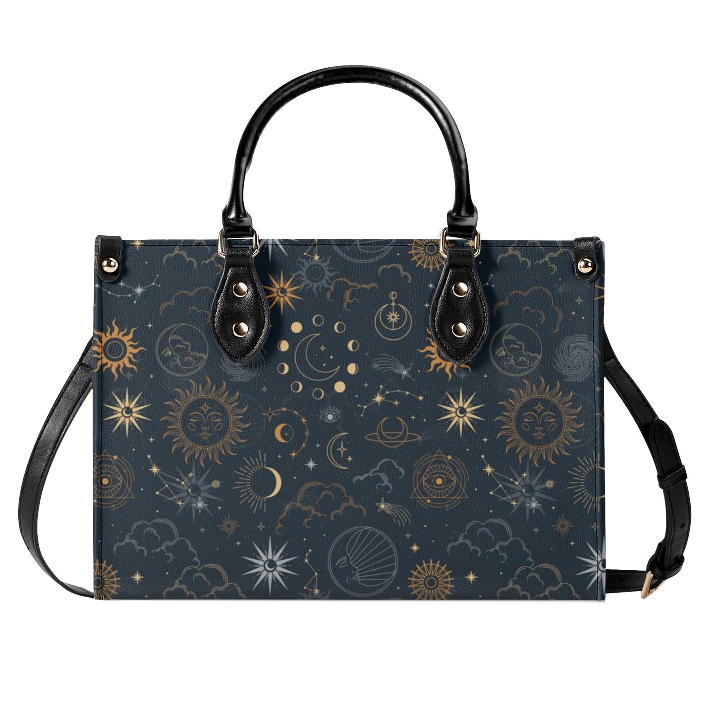 Sun Moon Stars Shoulder Purse, Celestial Space Galaxy Crossbody Vegan Leather Top Handle Handbag Print Small Large Bag Women Ladies Designer