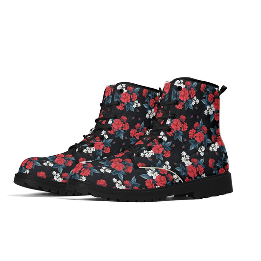 Red Roses Women Leather Boots, Floral Flowers Vegan Lace Up Shoes Hiking Festival Black Ankle Combat Work Winter Waterproof Custom Ladies