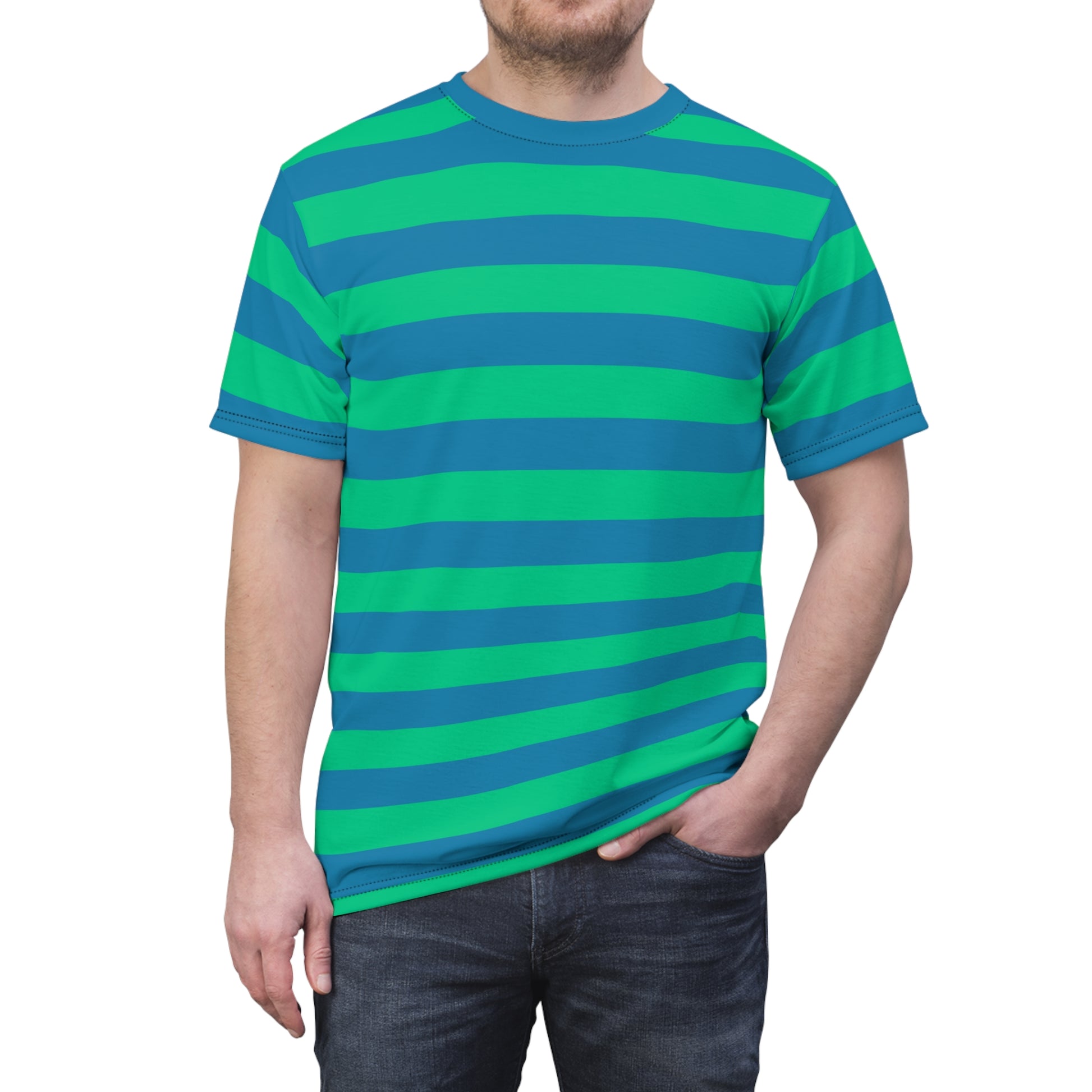 Green Blue Striped Tshirt, Bold Wide Designer Graphic Aesthetic Lightweight  Heavyweight Crewneck Men Women Tee Short Sleeve Shirt