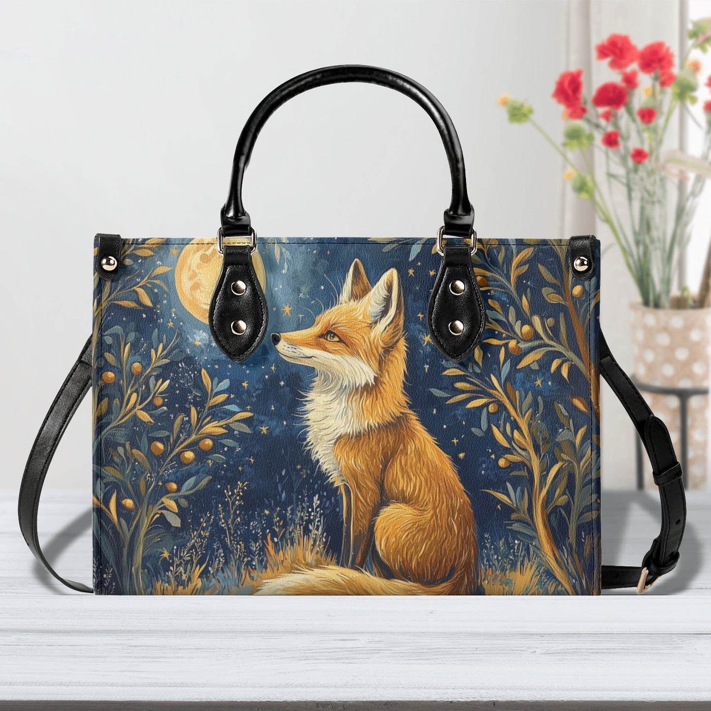 Fox Moon Shoulder Purse, Animal Stars Forest Leather Handbag Print Small Mini Bag Vegan Women Ladies Designer Crossbody Tote