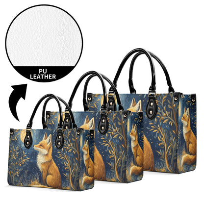 Fox Moon Shoulder Purse, Animal Stars Forest Leather Handbag Print Small Mini Bag Vegan Women Ladies Designer Crossbody Tote