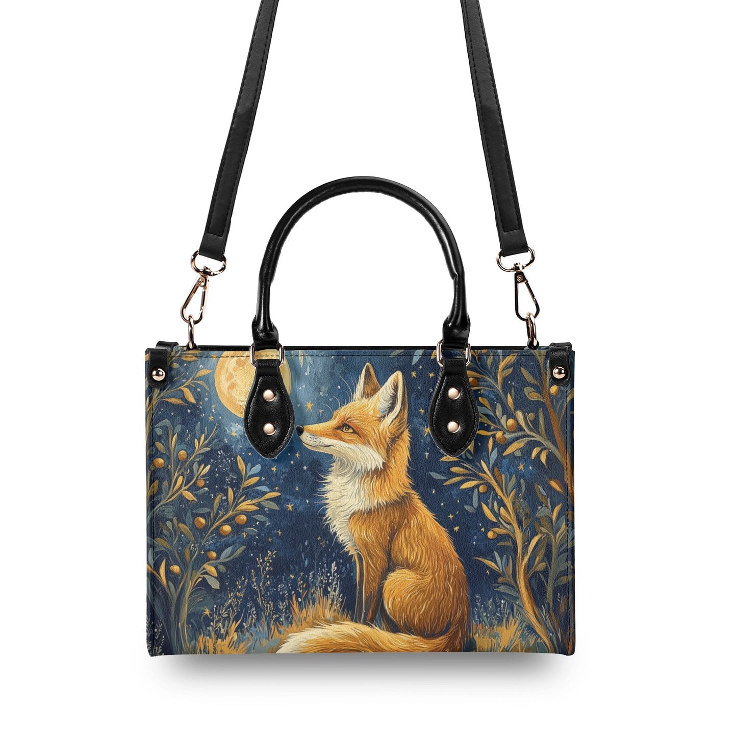 Fox Moon Shoulder Purse, Animal Stars Forest Leather Handbag Print Small Mini Bag Vegan Women Ladies Designer Crossbody Tote