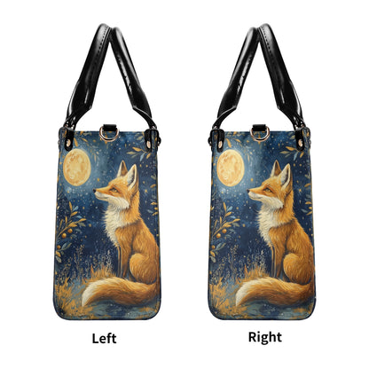 Fox Moon Shoulder Purse, Animal Stars Forest Leather Handbag Print Small Mini Bag Vegan Women Ladies Designer Crossbody Tote