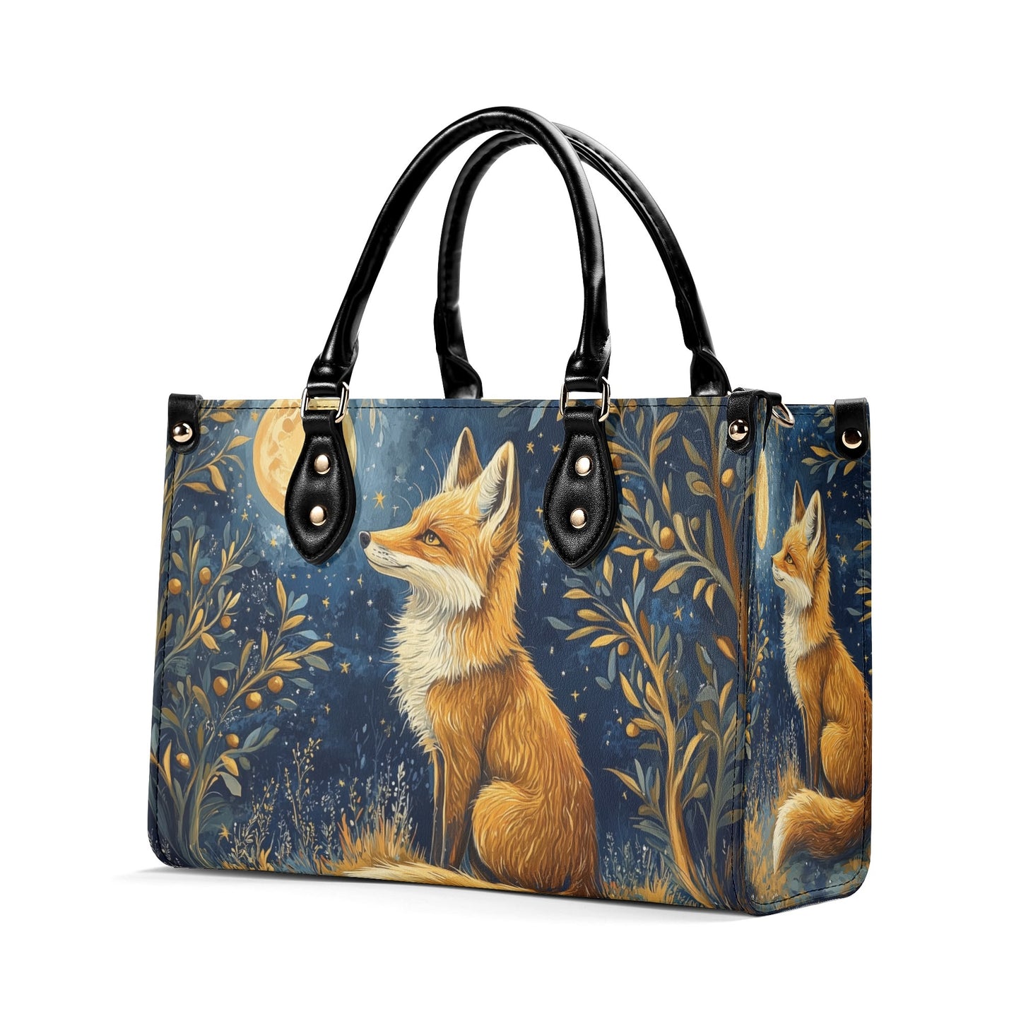 Fox Moon Shoulder Purse, Animal Stars Forest Leather Handbag Print Small Mini Bag Vegan Women Ladies Designer Crossbody Tote