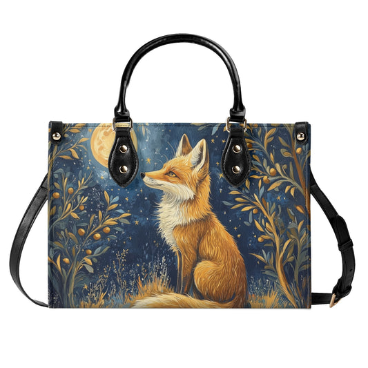 Fox Moon Shoulder Purse, Animal Stars Forest Leather Handbag Print Small Mini Bag Vegan Women Ladies Designer Crossbody Tote