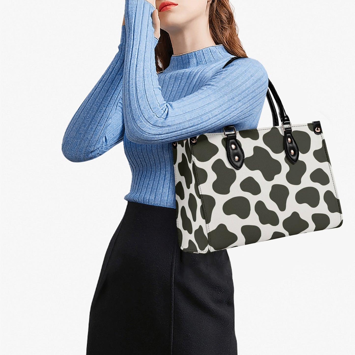 Cow Print Shoulder Purse, Animal Black White Pattern Crossbody Vegan Leather Top Handle Handbag Small Large Bag Women Ladies Designer Tote