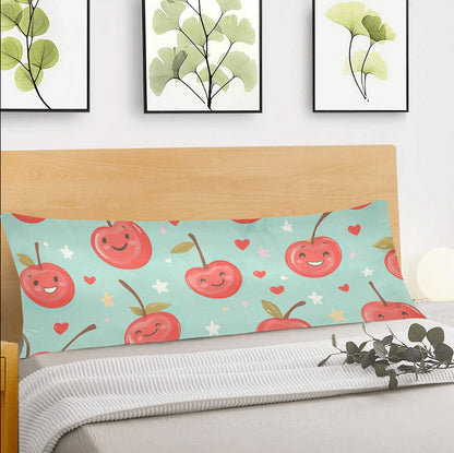 Red Cherries Body Pillow Case, Kawaii Fun Kids Happy Girls Cute Long Large Bed Accent Print Throw Decor Decorative Cover Cushion 20x54