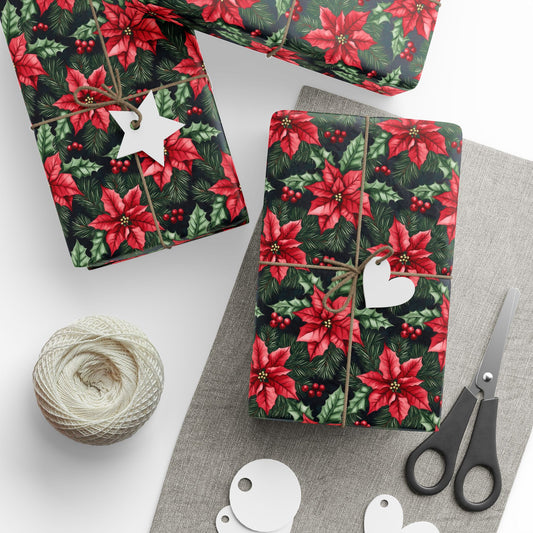 Floral Wrapping Paper, Flowers Red Green Christmas Print Poinsettias Art Packing Holiday Gift Wrap Decor Vintage Xmas Present Wrapper Roll