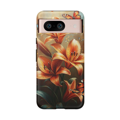 Cute Tiger Lily Tough Phone Case, Flowers Floral Butterfly iPhone 16 15 14 13 Pro Max 12 11 8 Plus X XR XS Galaxy S24 S23 S22 S21 Pixel