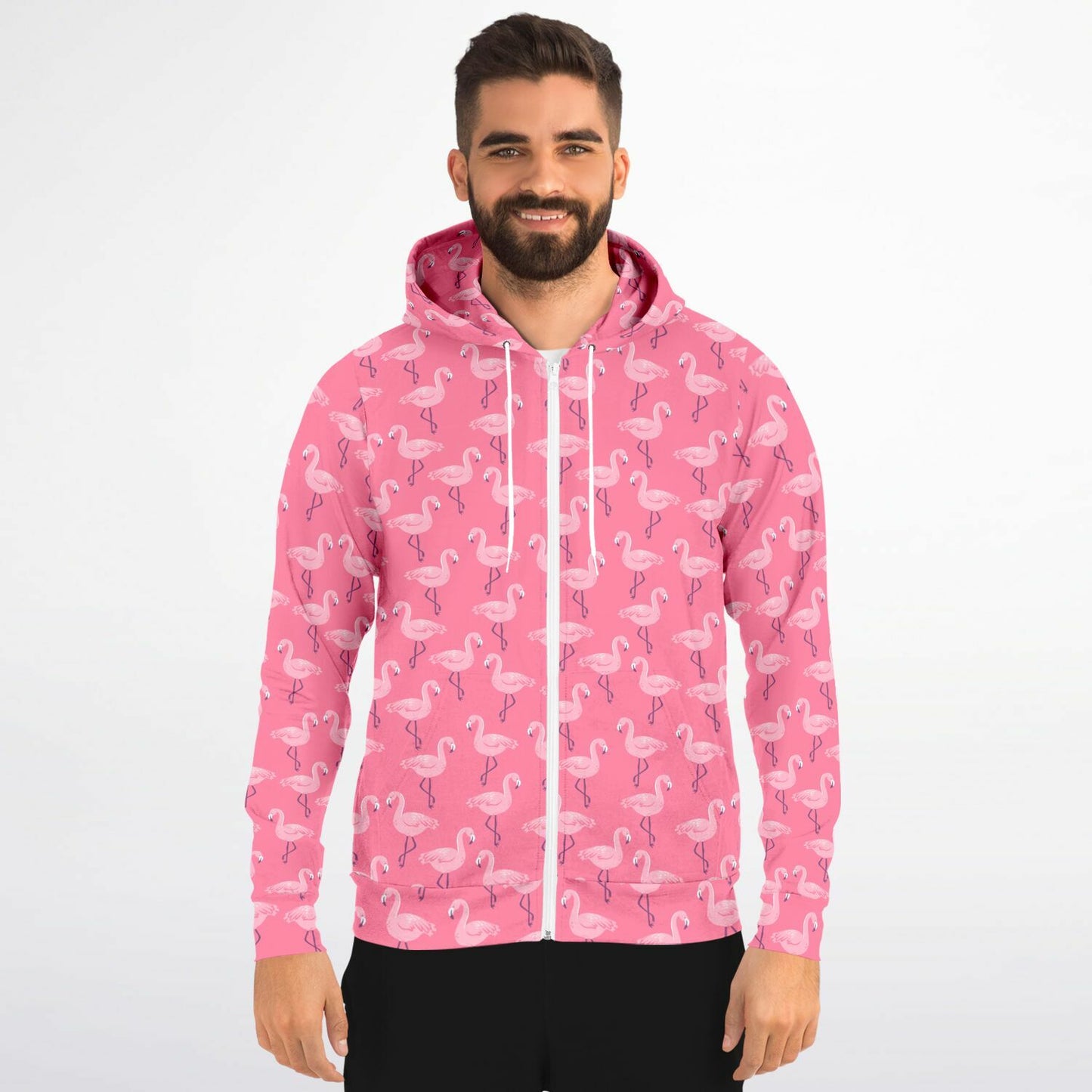 Pink Flamingo Zip Up Hoodie, Tropical Birds Full Zipper Pocket Men Women Unisex Adult Aesthetic Graphic Cotton Fleece Hooded Sweatshirt