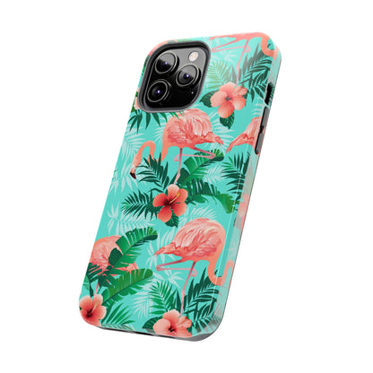 Pink Flamingo iPhone 15 14 13 12 11 Pro Max Tough Case, Green Tropical Monstera Print Cute Gift XS XR X 7 Plus 8 Cell Phone Galaxy