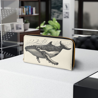 Whale Leather Wallet Women, Ocean Sea Coastal Cream Vegan Zipper Zip Around Coins Credit Cards Pocket Cash Ladies Pouch Slim Clutch Purse