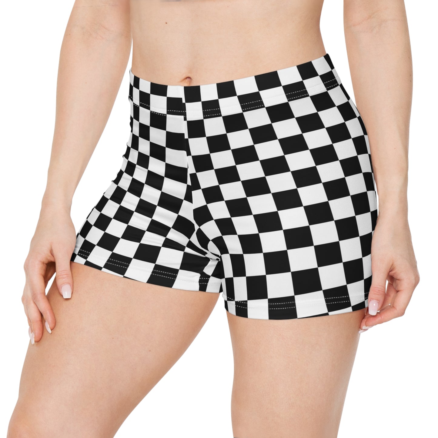 Checkered Women Shorts, Black White Check Racing Yoga Biker Sport Workout Gym Festival Running Moisture Wicking Ladies Bottoms