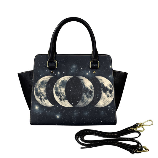 Moon Phases Celestial Leather Purse Handbag, Stars Space Vintage Designer Women Ladies Satchel Top Zip Handle Black Bag Shoulder Strap