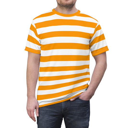 Orange and White Striped Tshirt, Horizontal Bold Stripes Designer Lightweight Heavyweight Crewneck Men Women Tee Top Short Sleeve Shirt