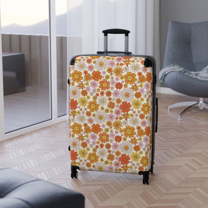 Retro Floral Suitcase Luggage, Vintage Flowers 70s Carry On 4 Wheels Cabin Travel Small Large Set Rolling Spinner Designer Hard Shell Case