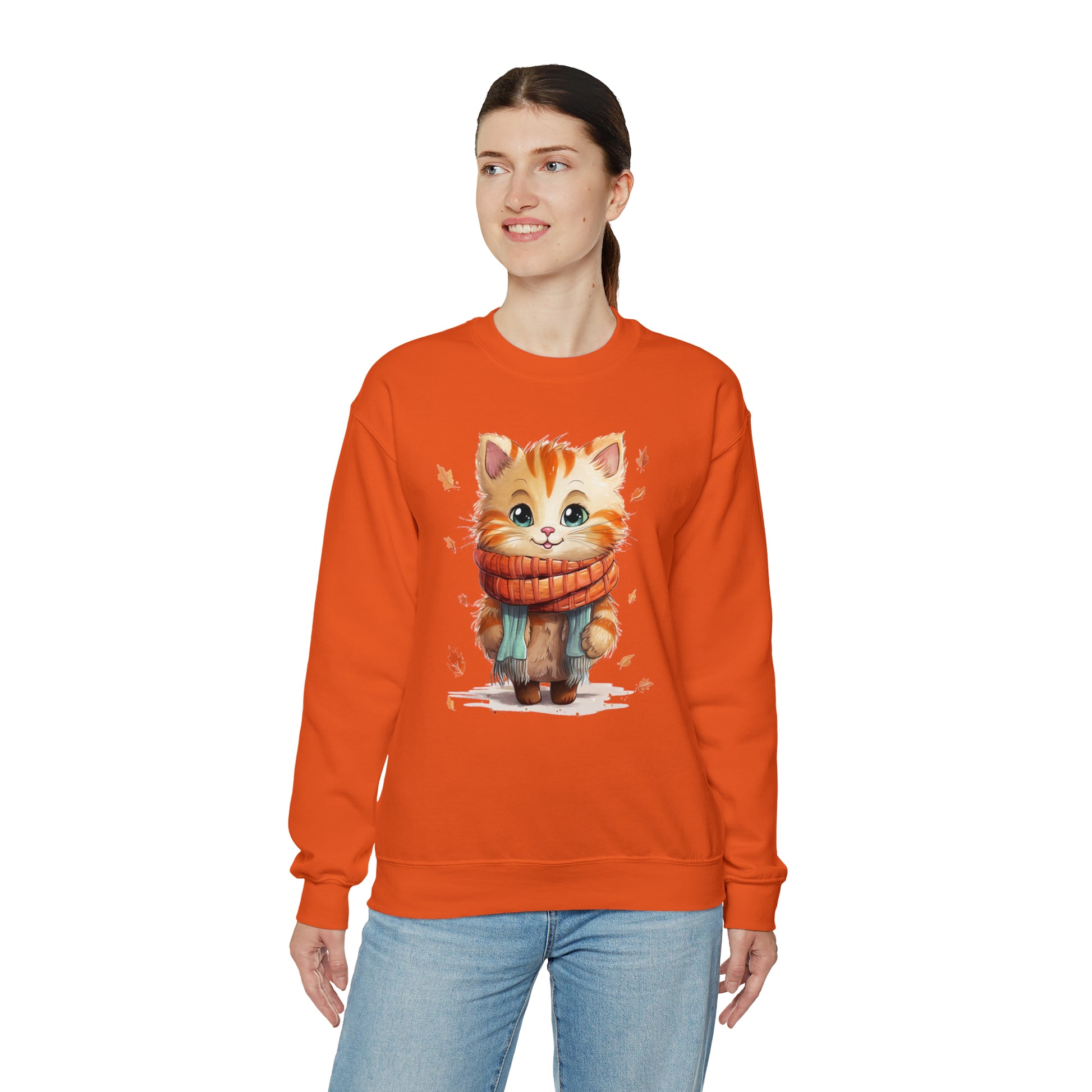 Cat Scarf Sweatshirt, Kitten Fall Autumn Leaves Graphic Crewneck Fleece Cotton Sweater Jumper Pullover Men Women Adult Aesthetic Top Starcove Fashion