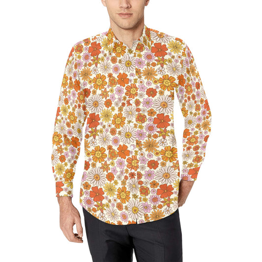 Retro Floral Long Sleeve Men Button Up Shirt, Orange 70s Groovy Funky Vintage 1970 Print Male Casual Dress Buttoned Collared Chest Pocket