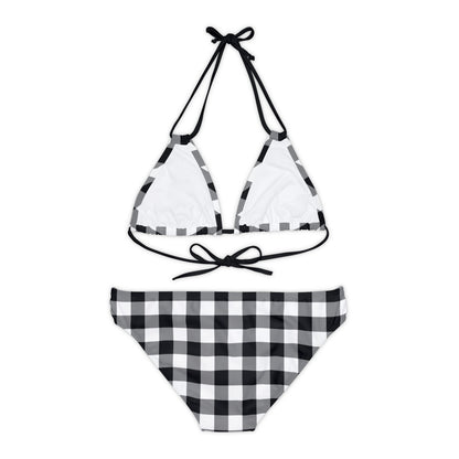 Black and White Gingham Bikini Set, Check High Waisted Cute Cheeky Bottom String Triangle Top Sexy Swimsuits Women Swimwear