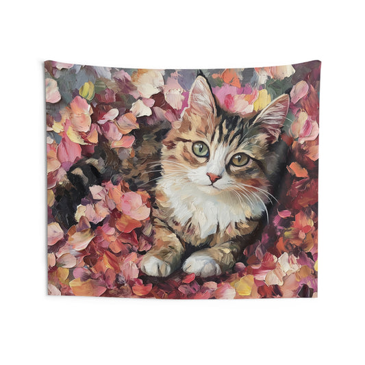 Cat in Petals Tapestry, Kitten Printed Painting Vintage Retro Wall Art Hanging Unique Landscape Large Small Decor Bedroom College Dorm Room