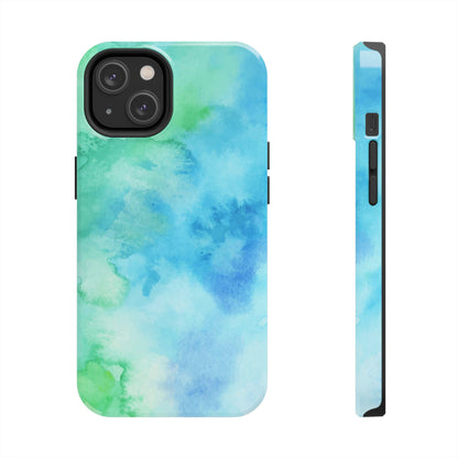 Blue Green Watercolor Tough Phone Case, Tie Dye Colorful Print Cute Cell Iphone 15 14 13 Pro Max 12 11 XS XR X 7 SE 8 Galaxy S24 S23 S22