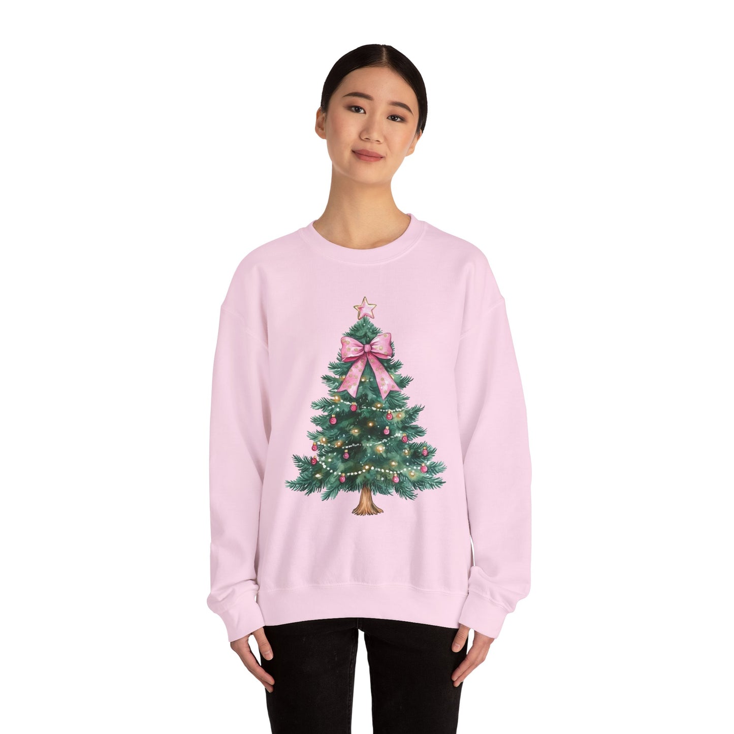 Christmas Tree Pink Bow Sweatshirt,  Coquette Cute Xmas Holiday Print Women Men Vintage Party Winter Holiday Outfit Plus Size Sweater