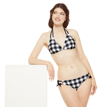 Black and White Gingham Bikini Set, Check High Waisted Cute Cheeky Bottom String Triangle Top Sexy Swimsuits Women Swimwear