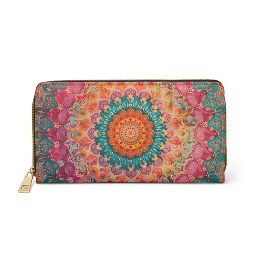 Boho Mandala Leather Wallet Women, Bohemian Ethnic Vegan Zipper Zip Around Coins Credit Cards Pocket Cash Ladies Pouch Slim Clutch Gift