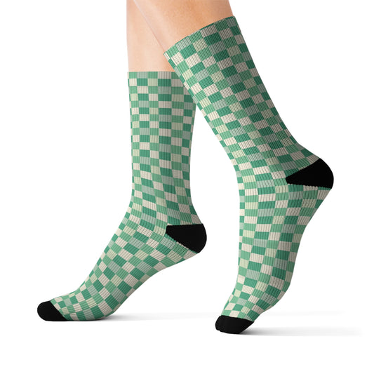 Green Checkered Socks, Olive White Crew Sublimation Women Men Designer Fun Novelty Cool Funky Crazy Casual Cute Unique Dress