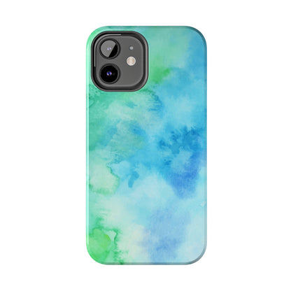 Blue Green Watercolor Tough Phone Case, Tie Dye Colorful Print Cute Cell Iphone 15 14 13 Pro Max 12 11 XS XR X 7 SE 8 Galaxy S24 S23 S22