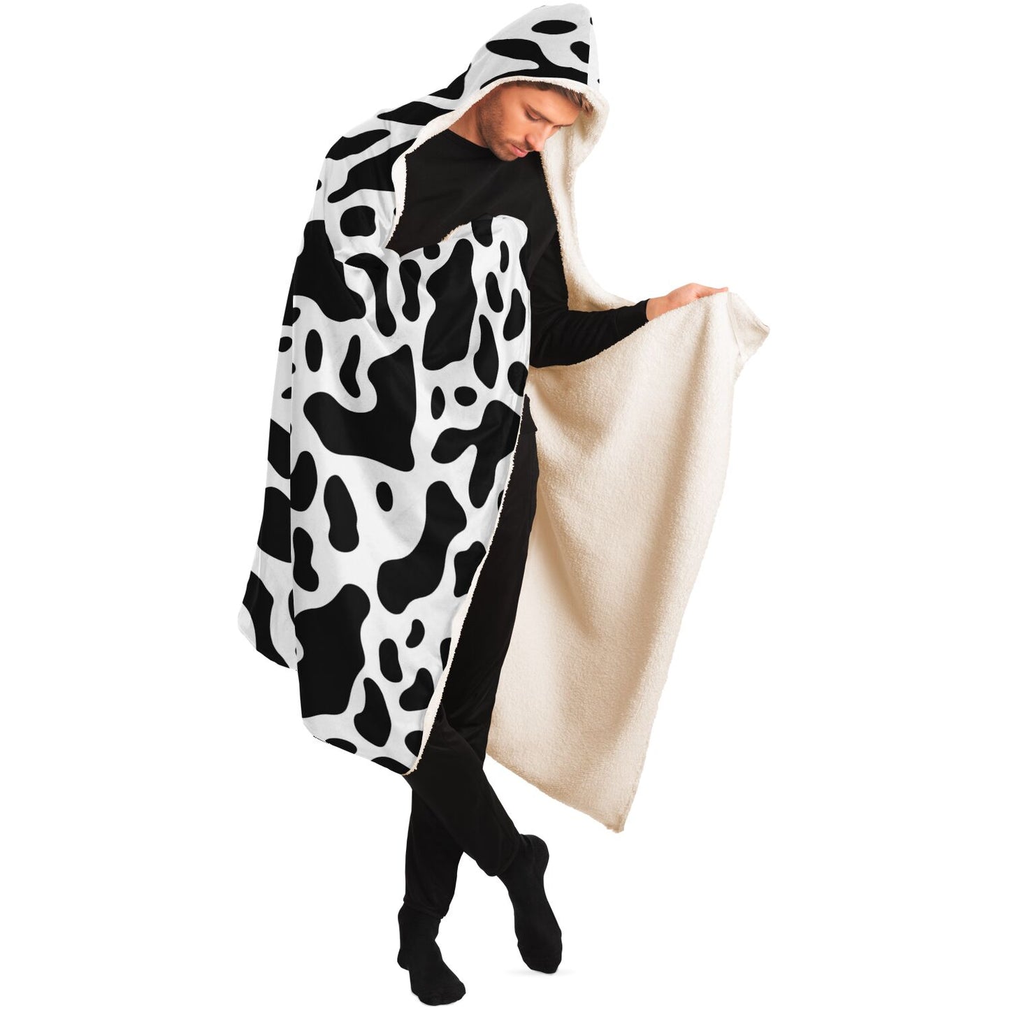 Cow Print Hooded Blanket, Black White Animal Sherpa Fleece Soft Fluffy Cozy Warm Adult Men Women Kids Large Wearable with Hood Gift Starcove Fashion