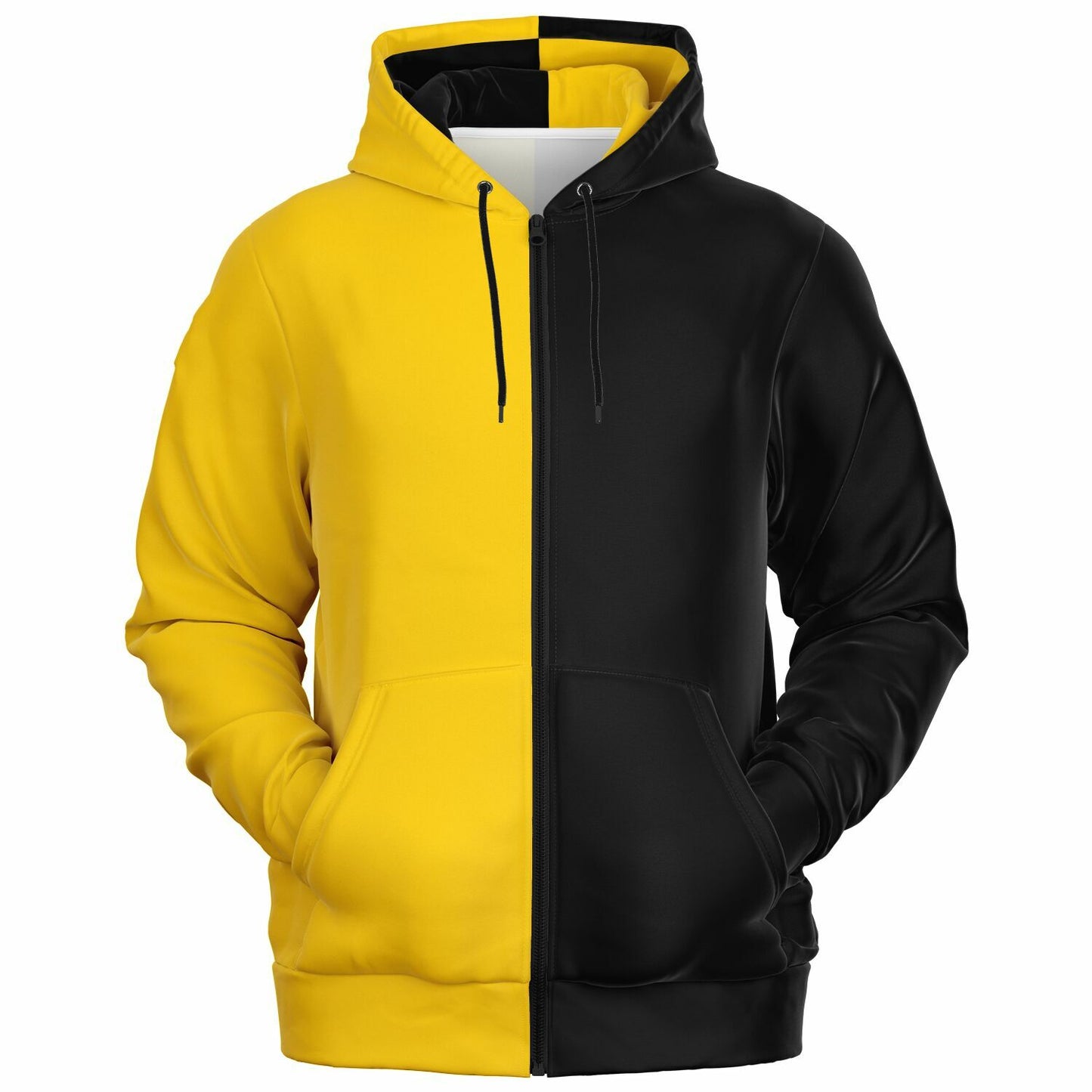 Half Black and Half Yellow Hoodie, Two Tone Color Split Pullover Zip Up Zipper Men Guys Women Plus Size Cotton Hooded Sweatshirt Pockets