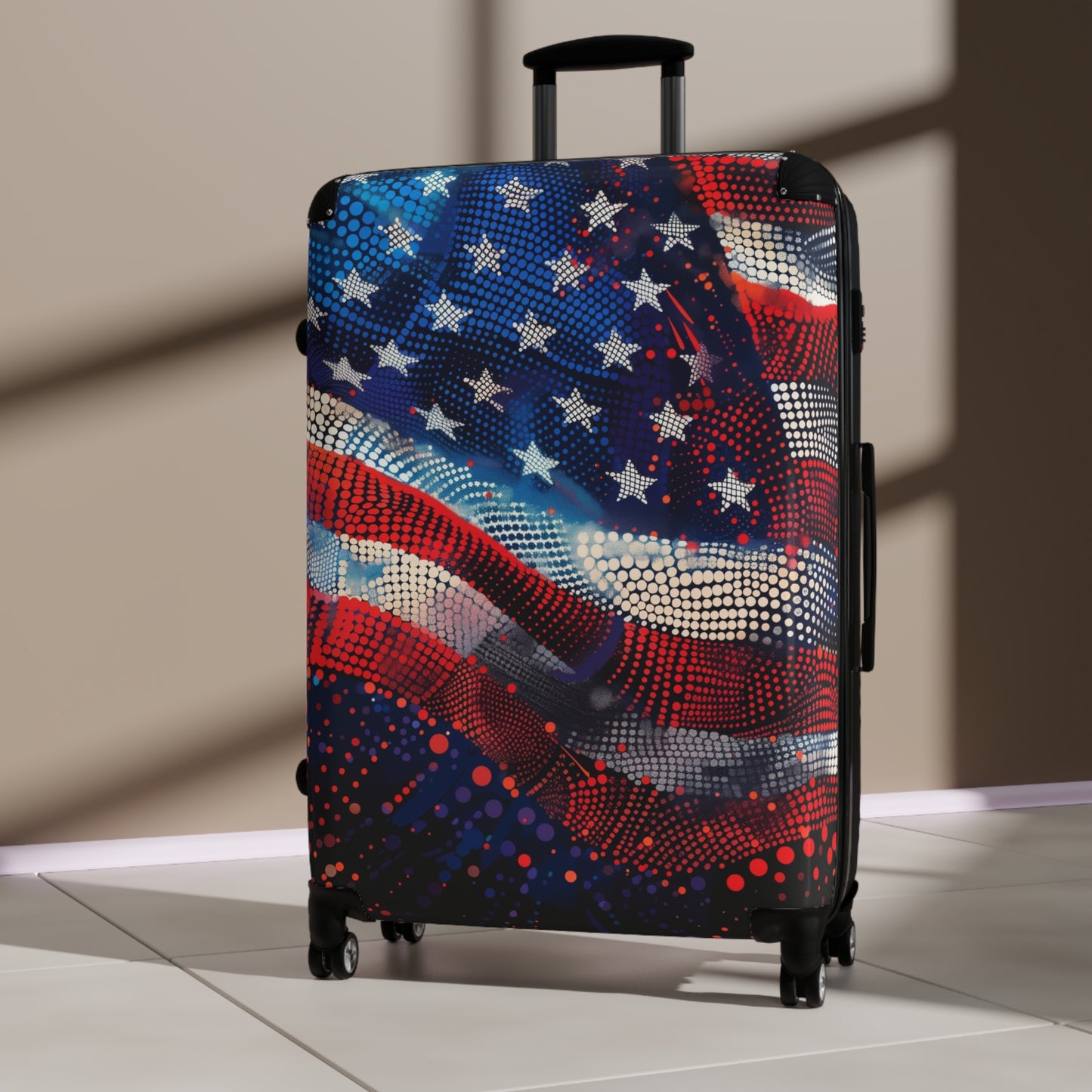 American Flag Suitcase Luggage, USA Art Carry On 4 Wheels Cabin Travel Small Large Set Rolling Spinner Lock Decorative Hard Shell Case