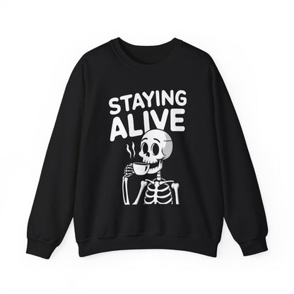 Staying Alive Coffee Sweatshirt, Skeleton Halloween Funny Graphic Crewneck Fleece Cotton Sweater Jumper Pullover Men Women Adult Top