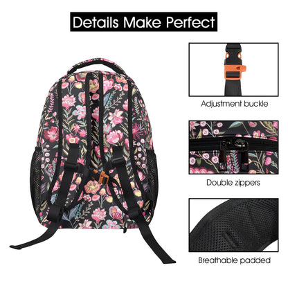 Pink Floral Backpack, Flowers Botanicals Men Women Kids Gift School College Cool Waterproof Side Pockets Laptop Designer Aesthetic Bag