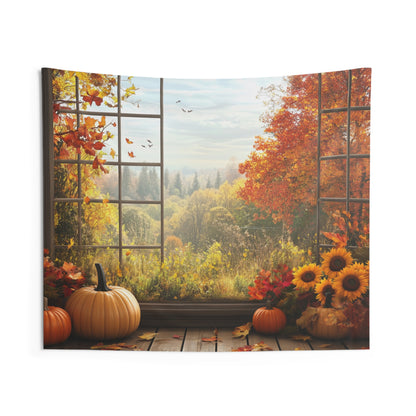 Fall Window Tapestry, Trees Leaf Pumpkin Sunflowers Autumn Wall Art Hanging Cool Unique Landscape Large Small Decor Bedroom College Dorm