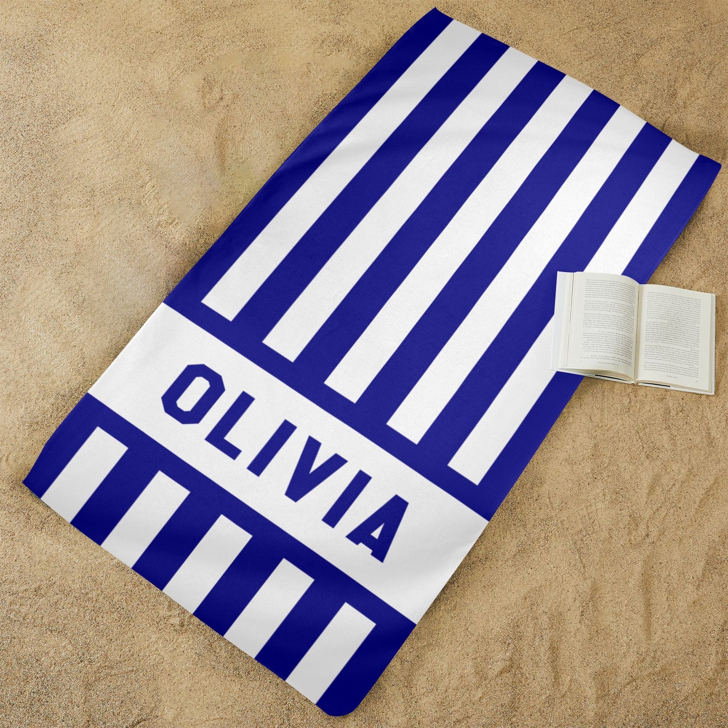 Custom Personalized Beach Towel, Name Striped Navy Blue White Pool Microfiber Large Swim Quick Dry Kids Adult Men Women Cotton Blanket