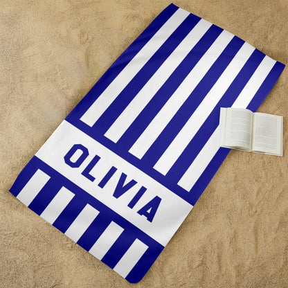 Custom Personalized Beach Towel, Name Striped Navy Blue White Pool Microfiber Large Swim Quick Dry Kids Adult Men Women Cotton Blanket