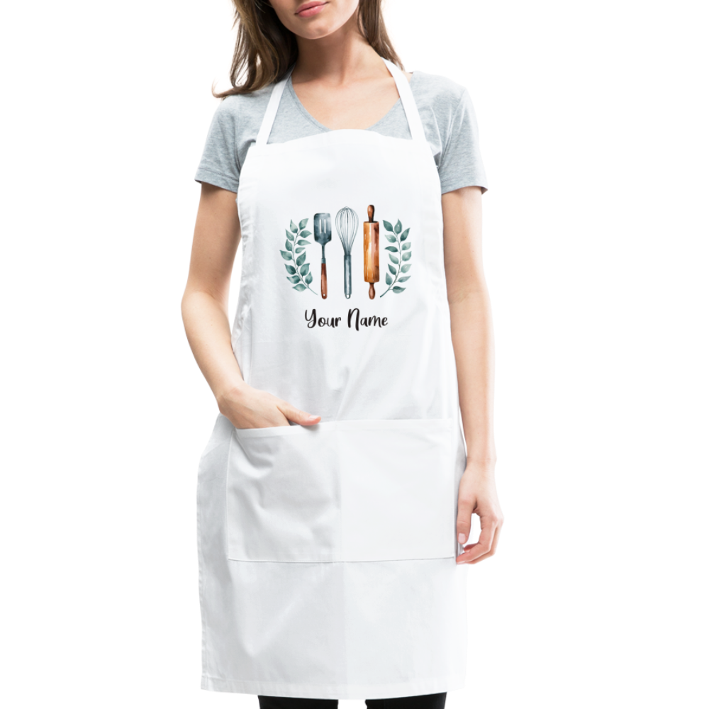 Personalized Apron with Pockets, Custom Name Women Men Chef Cute BBQ Grill Cooking Birthday Garden Kitchen Adjustable Straps - white