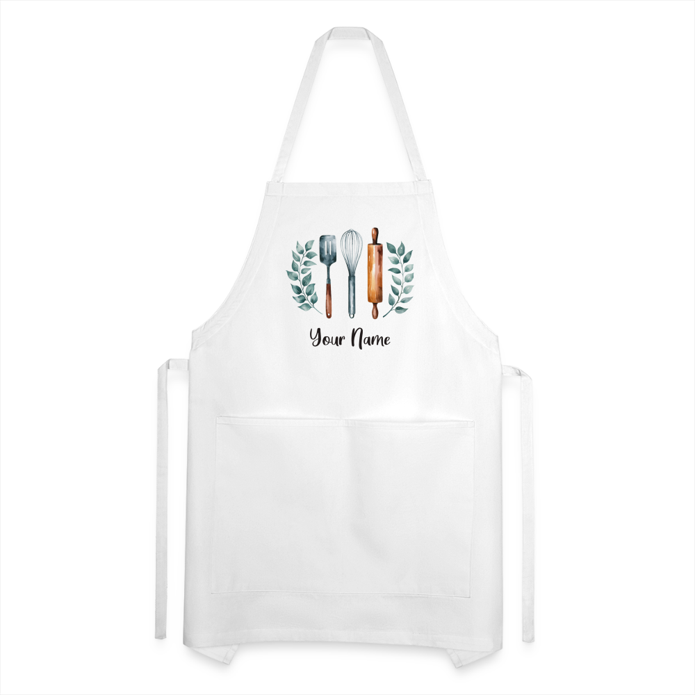 Personalized Apron with Pockets, Custom Name Women Men Chef Cute BBQ Grill Cooking Birthday Garden Kitchen Adjustable Straps - white