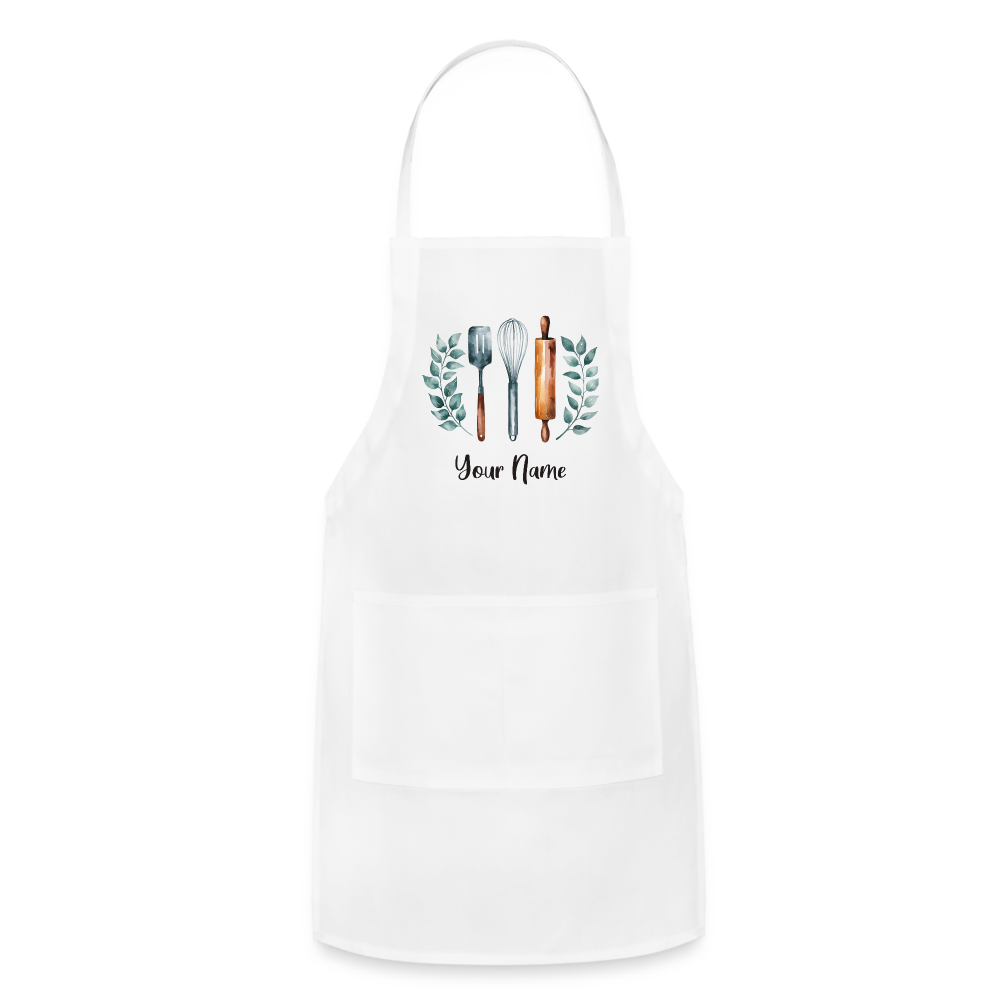 Personalized Apron with Pockets, Custom Name Women Men Chef Cute BBQ Grill Cooking Birthday Garden Kitchen Adjustable Straps - white