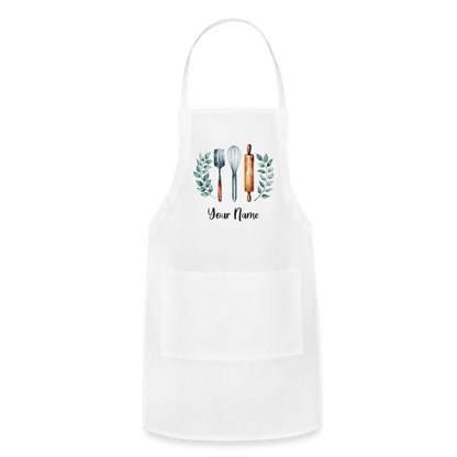 Personalized Apron with Pockets, Custom Name Women Men Chef Cute BBQ Grill Cooking Birthday Garden Kitchen Adjustable Straps - white