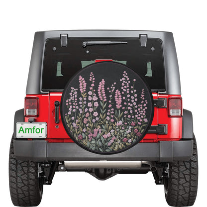 Pink Wild Flowers Spare Tire Cover, Faux Embroidery Printed Floral Wheel Auto Car Unique Design Backup Camera Hole Trailer Back Women RV