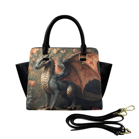 Dragon Purse Handbag, Fantasy Cottagecore Floral Vintage Vegan Leather Designer Women Ladies Satchel Top Zip Handle Bag Shoulder Strap