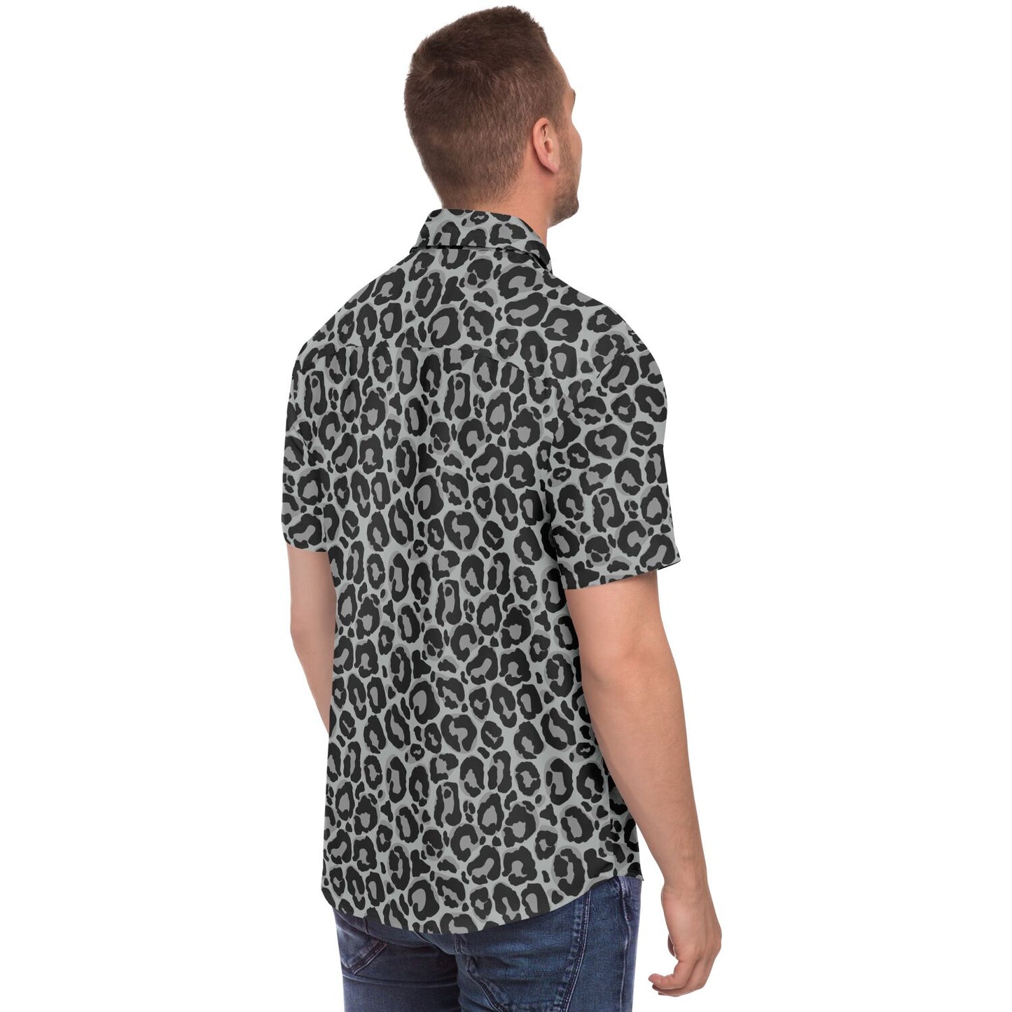 Grey Leopard Men Button Up Shirt, Animal Cheetah Print Short Sleeve Print Casual Buttoned Down Summer Male Guys Collared Designer Dress