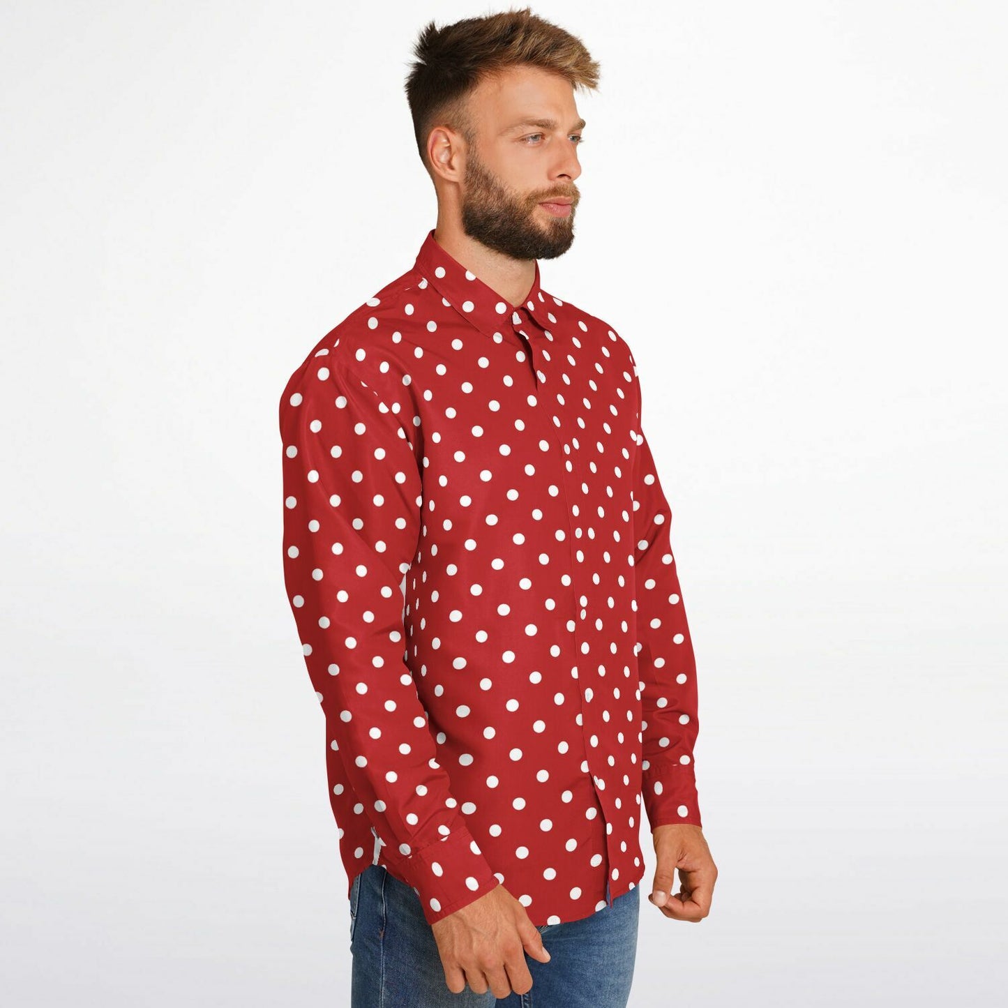 Red White Polka Dots Long Sleeve Men Button Up Shirt, Guys Male Print Buttoned Down Collared Graphic Casual Dress Plus Size Shirt